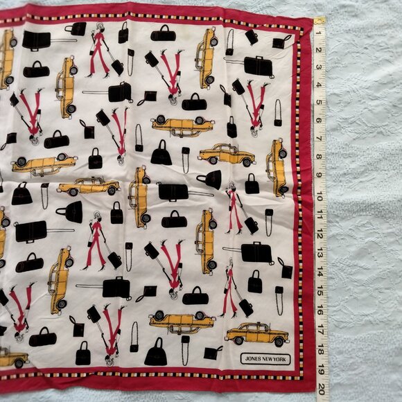 VTG JONES NEW YORK Red & White Square 20" Scarf w/ Yellow Taxi Travel Print - Picture 11 of 11